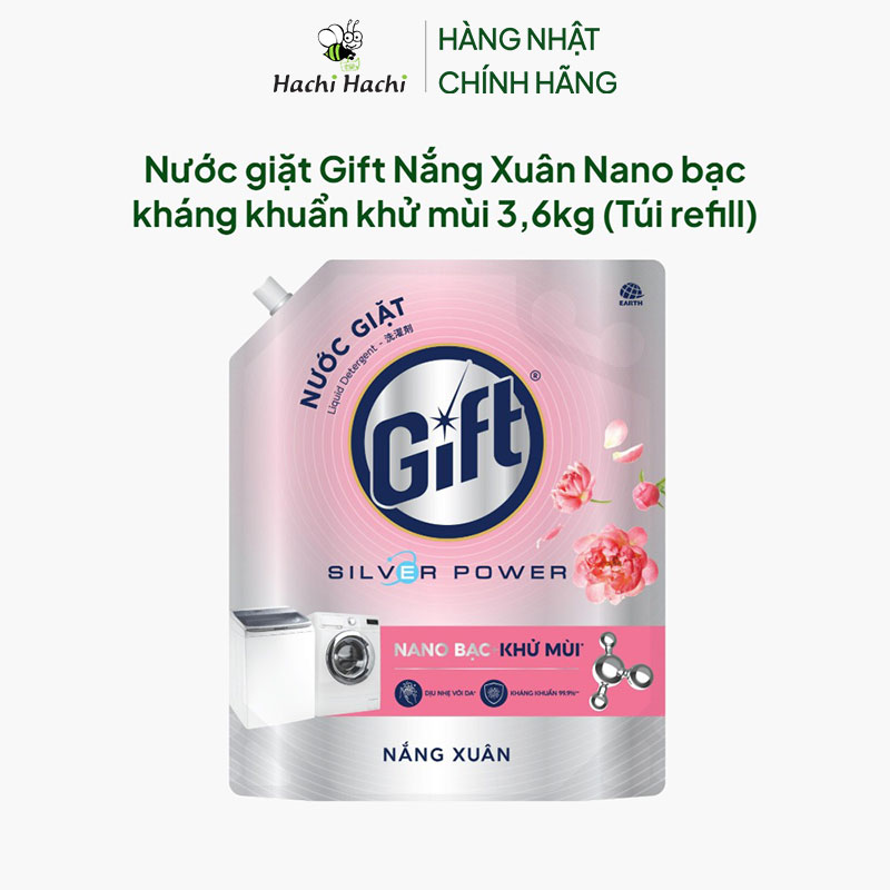 Nước giặt Gift Nắng Xuân Nano bạc kháng khuẩn khử mùi 3,6kg (Túi refill) thương hiệu EARTH BIO CHEMICAL