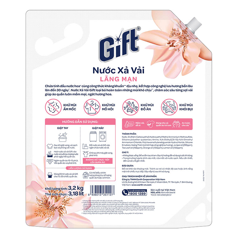 Nước xả vải Gift Lãng Mạn lưu hương bền lâu túi 3,2kg thương hiệu EARTH BIO CHEMICAL