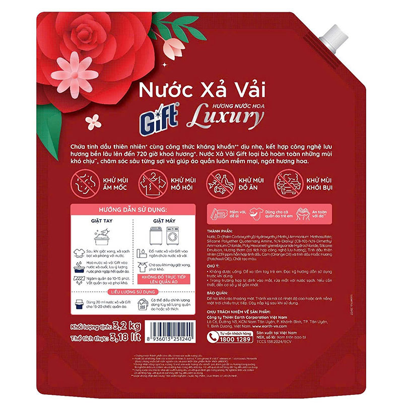 Nước xả vải Gift hương nước hoa Luxury 3.2kg thương hiệu EARTH BIO CHEMICAL