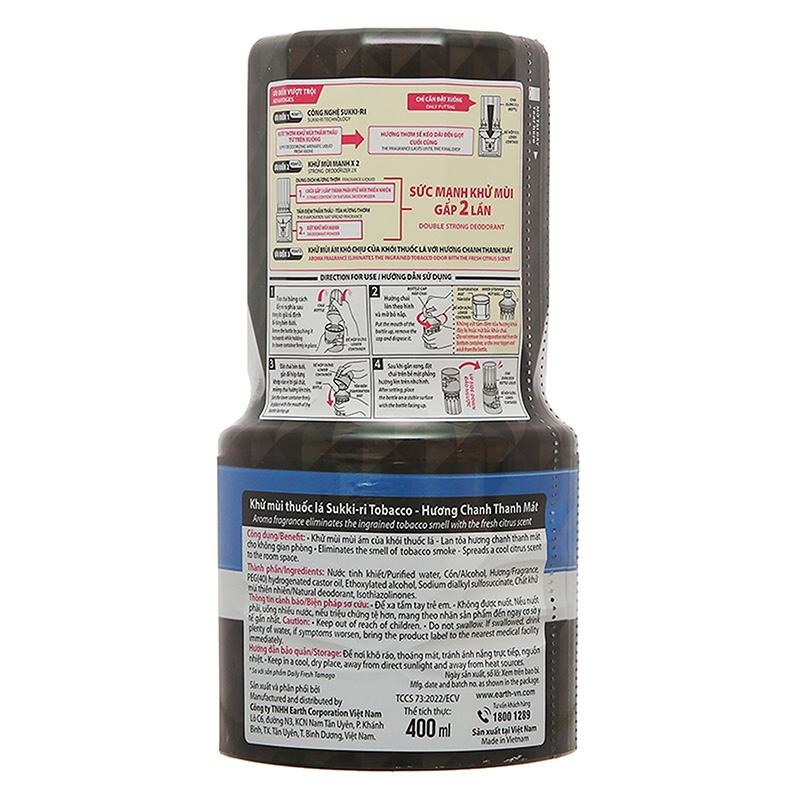 Dung dịch khử mùi thuốc lá Sukkiri hương chanh thanh mát 400ml thương hiệu EARTH BIO CHEMICAL