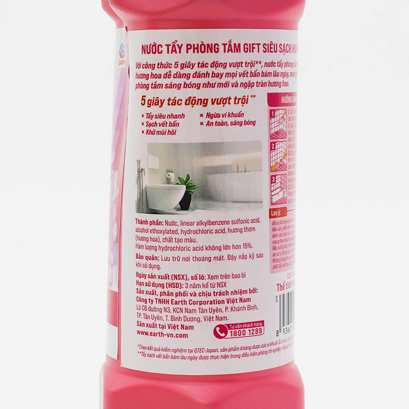 Nước tẩy phòng tắm Gift siêu sạch hương hoa 900ml, kháng khuẩn 99.9% thương hiệu EARTH BIO CHEMICAL