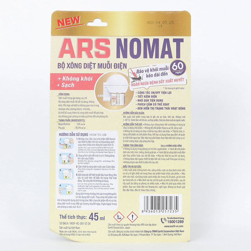 Bộ xông xua đuổi muỗi điện ARS Nomat P60 46ml bảo vệ khỏi muỗi 60 ngày thương hiệu EARTH BIO CHEMICAL