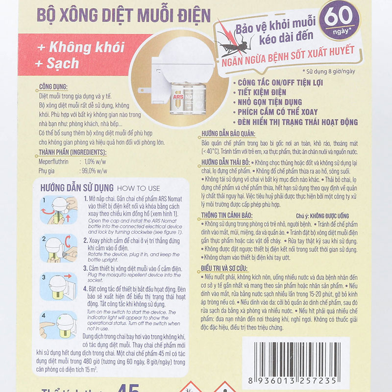 Bộ xông xua đuổi muỗi điện ARS Nomat P60 46ml bảo vệ khỏi muỗi 60 ngày thương hiệu EARTH BIO CHEMICAL