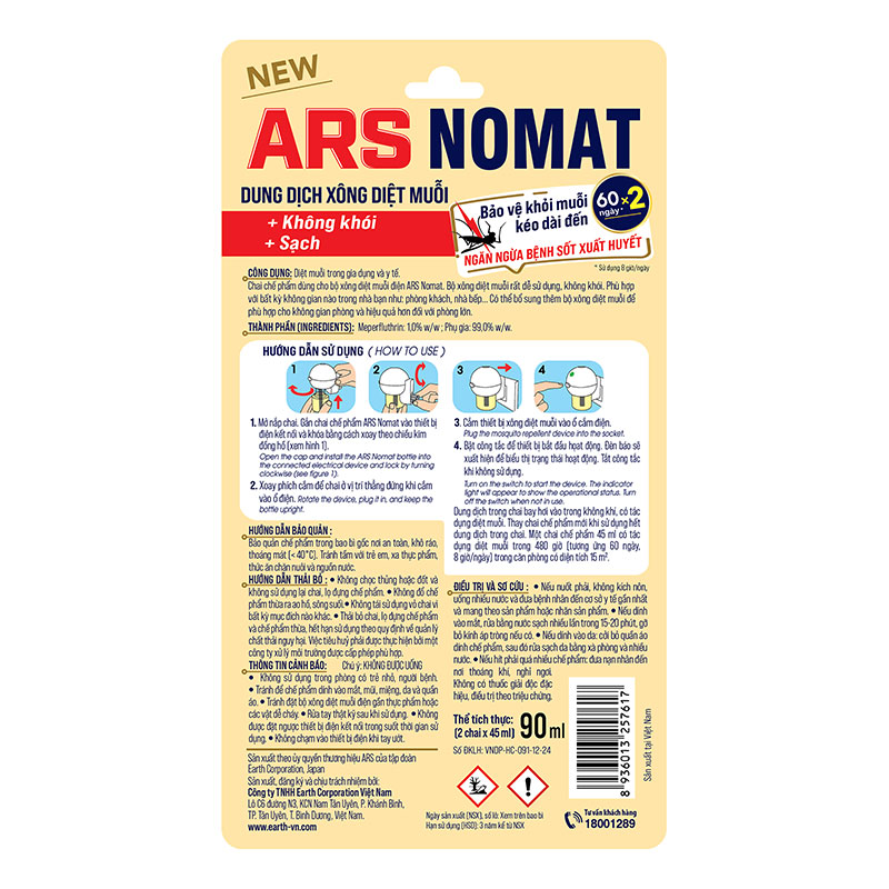 Dung dịch xông diệt muỗi ARS Nomat 45ml x 2 chai thương hiệu EARTH BIO CHEMICAL