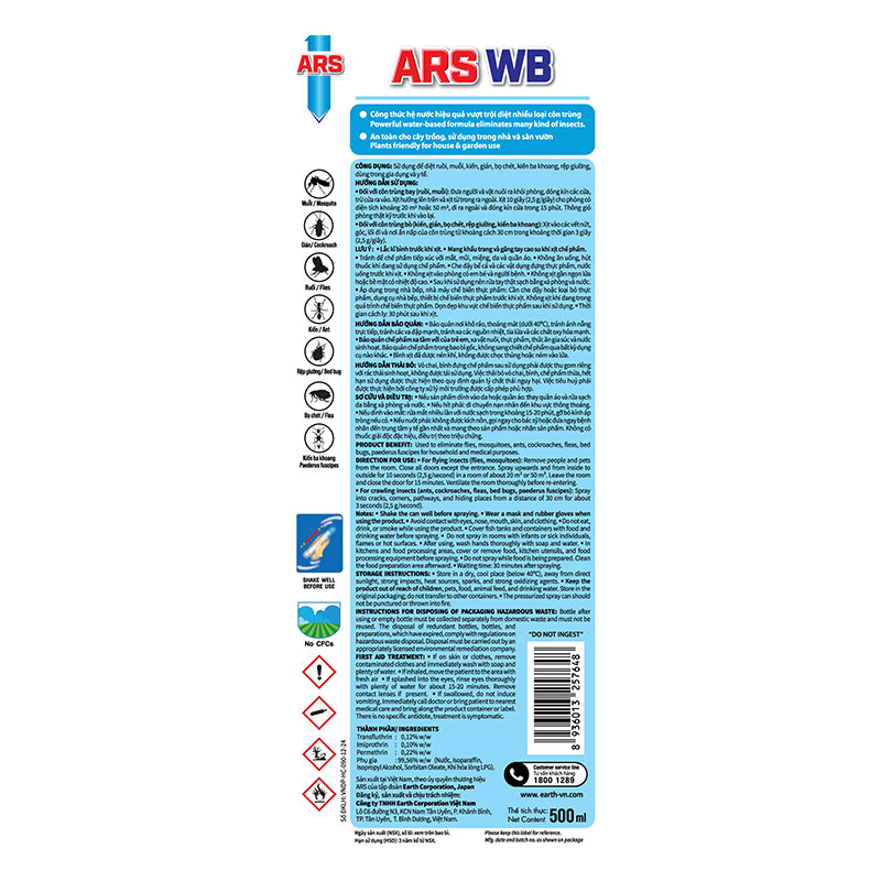 Bình xịt côn trùng ARS hệ nước không mùi 500ml thương hiệu EARTH BIO CHEMICAL
