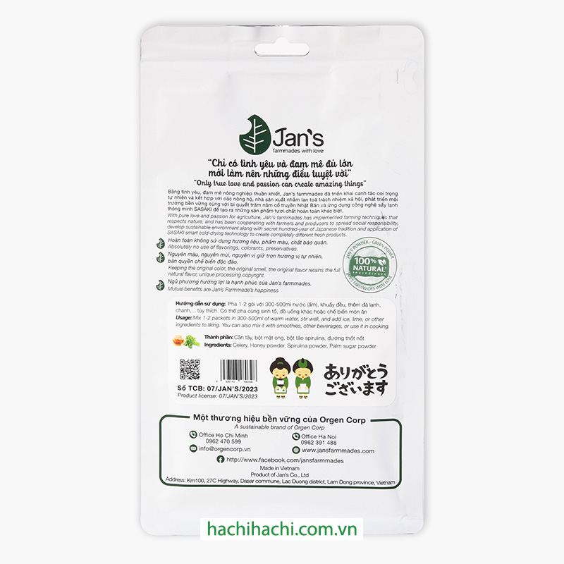 Bột cần tây tảo Spirulina sấy lạnh Jan's 60g (3gx20 gói) thương hiệu 