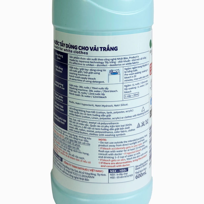 Nước tẩy dùng cho vải trắng Mitsuei Smile Choice 600ml, diệt khuẩn 99.9%, khử mùi thương hiệu MITSUEI