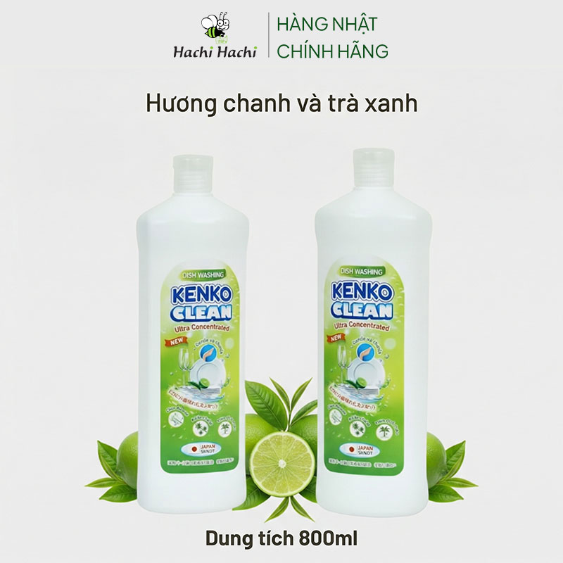 Nước rửa chén đậm đặc gốc thực vật diệt khuẩn Kenko Clean hương chanh & trà xanh 800ml thương hiệu KENKO CLEAN