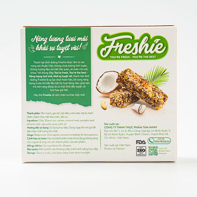 Thanh hạt dinh dưỡng Freshie vị dừa, hạt điều 150g (6 thanh) thương hiệu TÂM MINH