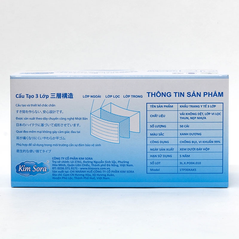 Khẩu trang y tế Kim Sora 3 lớp (50 cái - Xanh) thương hiệu 