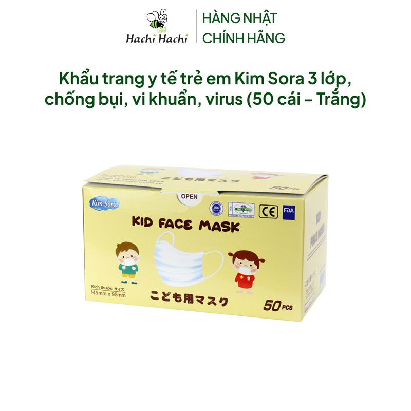 Khẩu trang y tế trẻ em Kim Sora 3 lớp, chống bụi, vi khuẩn, virus (50 cái - Trắng) thương hiệu 