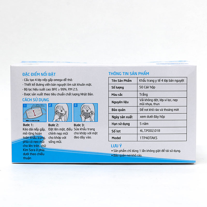 Khẩu trang y tế Kim Sora bán nguyệt 4 lớp (50 cái - Trắng) thương hiệu 