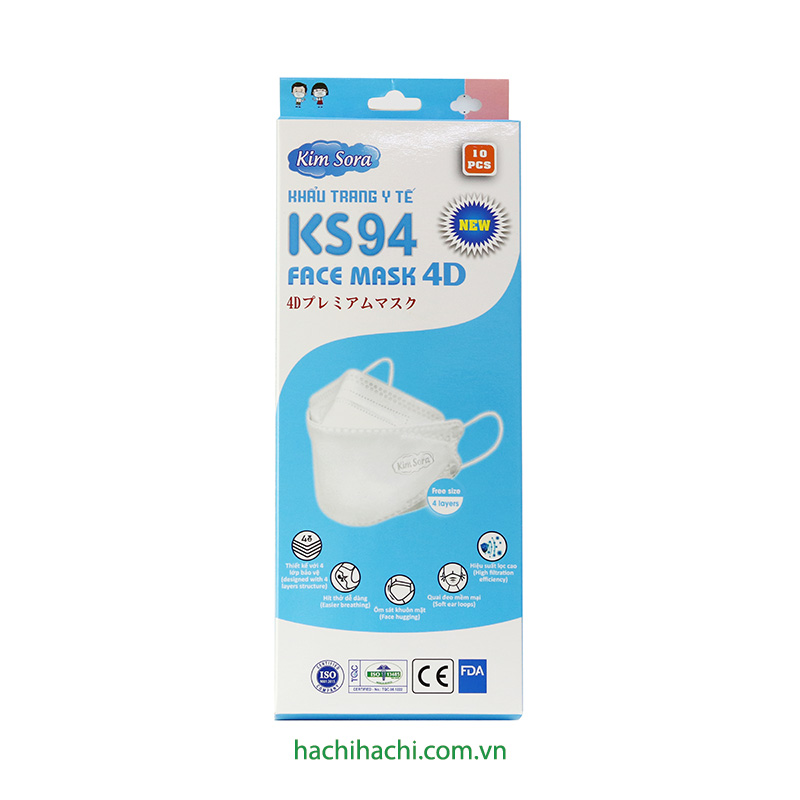Khẩu trang Y tế Kim Sora KS94 4D 4 lớp, chống bụi, vi khuẩn, virus (10 cái - Trắng)