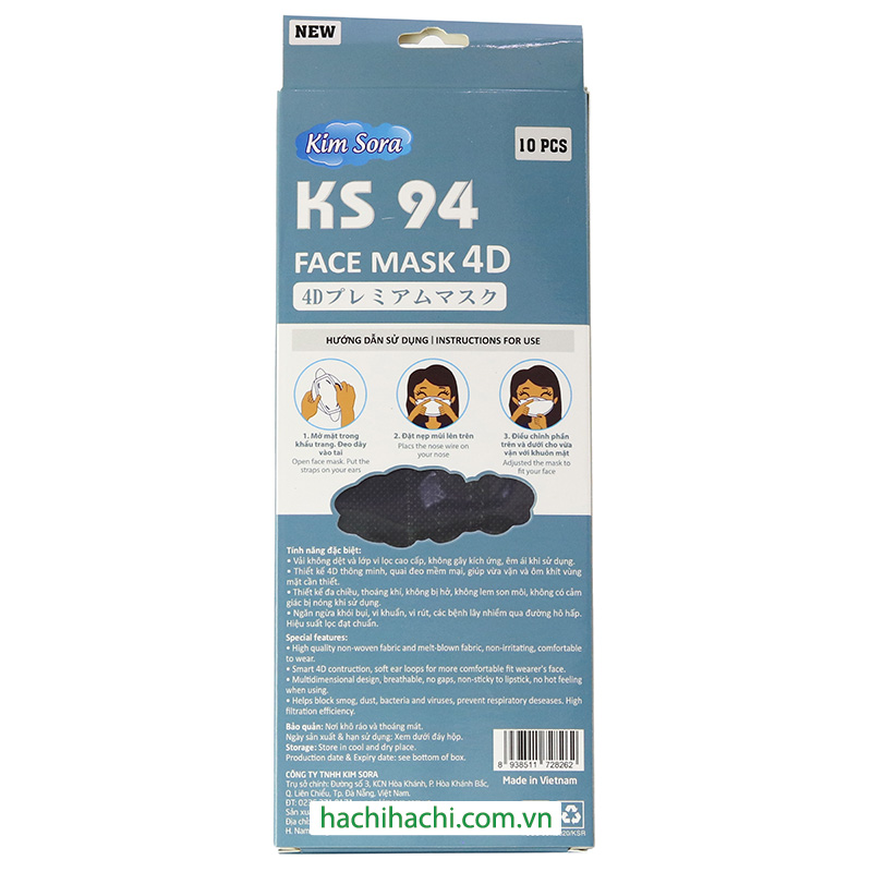 Khẩu trang Y tế Kim Sora KS94 4D 4 lớp, chống bụi, vi khuẩn, virus (10 cái - Đen) thương hiệu 