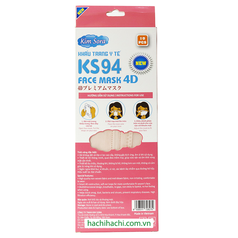 Khẩu trang Y tế Kim Sora KS94 4D 4 lớp, chống bụi, vi khuẩn, virus (10 cái - Hồng) thương hiệu 