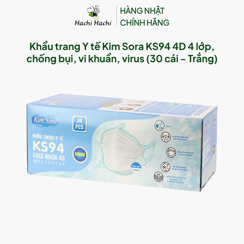 Khẩu trang Y tế Kim Sora KS94 4D 4 lớp, chống bụi, vi khuẩn, virus (30 cái - Trắng) thương hiệu 