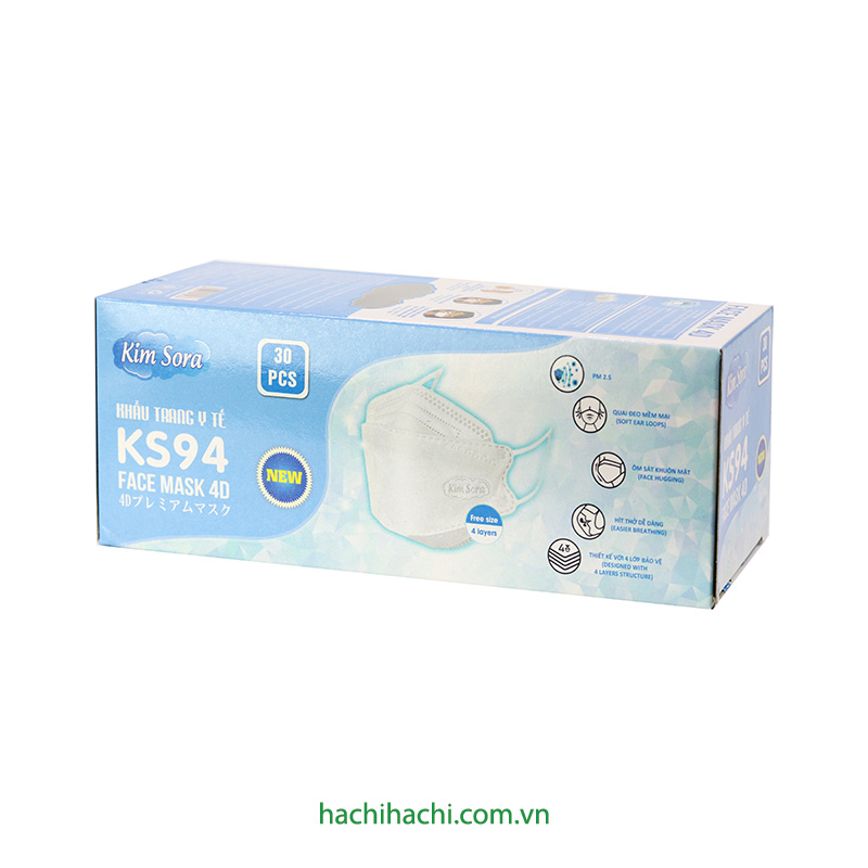 Khẩu trang Y tế Kim Sora KS94 4D 4 lớp, chống bụi, vi khuẩn, virus (30 cái - Trắng)