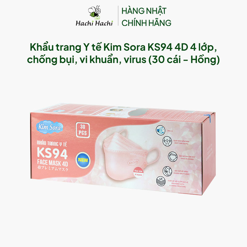 Khẩu trang Y tế Kim Sora KS94 4D 4 lớp, chống bụi, vi khuẩn, virus (30 cái - Hồng) thương hiệu 