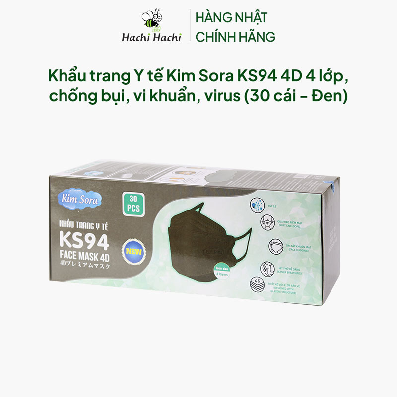 Khẩu trang Y tế Kim Sora KS94 4D 4 lớp, chống bụi, vi khuẩn, virus (30 cái - Đen) thương hiệu 