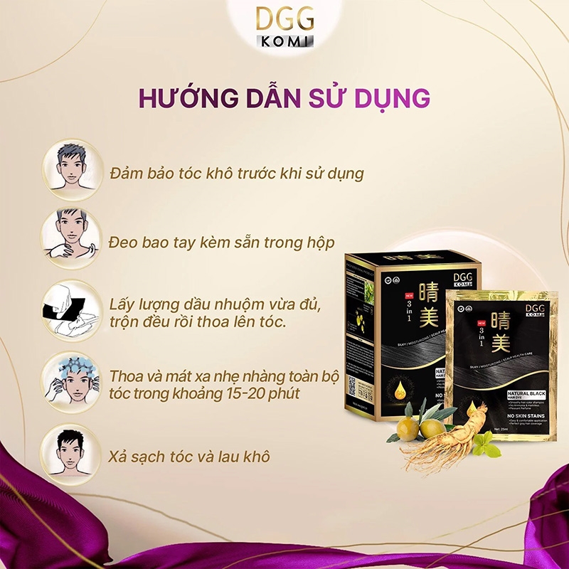 Dầu gội nhuộm tóc phủ bạc DGG Komi 25ml x 10 gói (đen tự nhiên) thương hiệu 