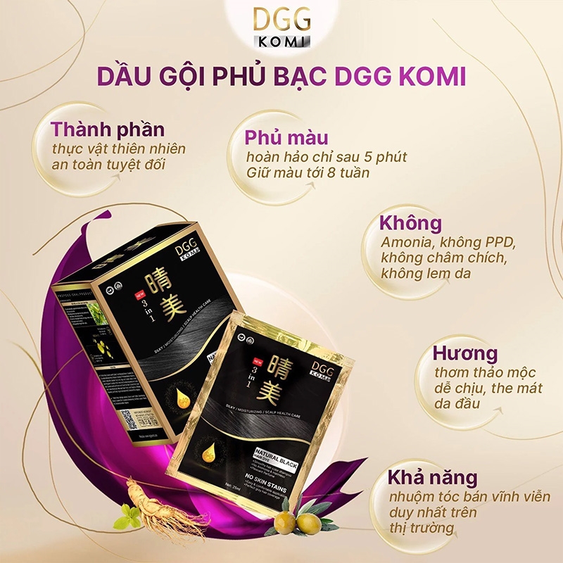 Dầu gội nhuộm tóc phủ bạc DGG Komi 25ml x 10 gói (đen tự nhiên) thương hiệu 