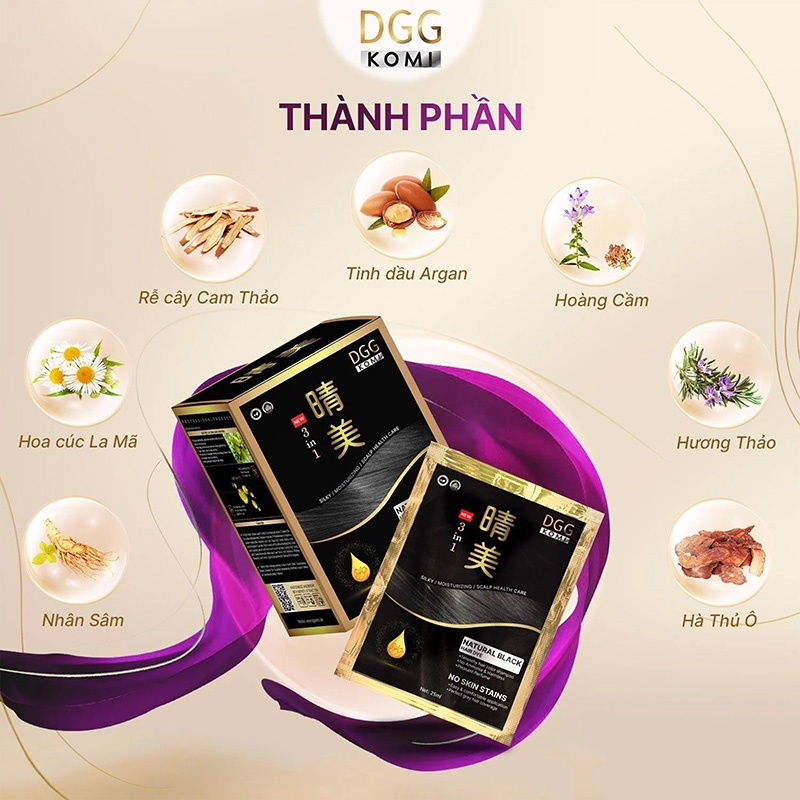 Dầu gội nhuộm tóc phủ bạc DGG Komi 25ml x 10 gói (đen tự nhiên) thương hiệu 