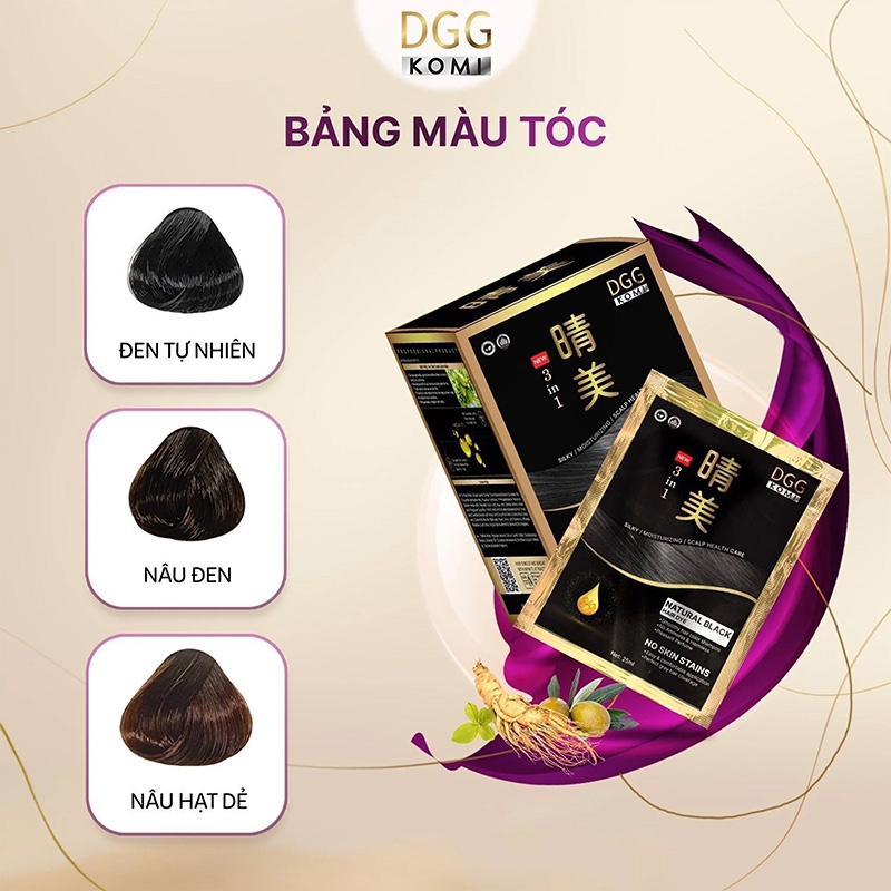 Dầu gội nhuộm tóc phủ bạc DGG Komi 25ml x 10 gói (đen tự nhiên) thương hiệu 