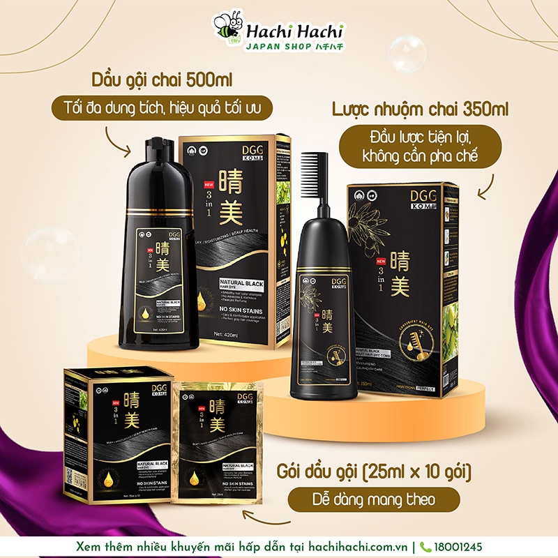 Dầu gội nhuộm tóc phủ bạc DGG Komi 25ml x 10 gói (đen tự nhiên) thương hiệu 