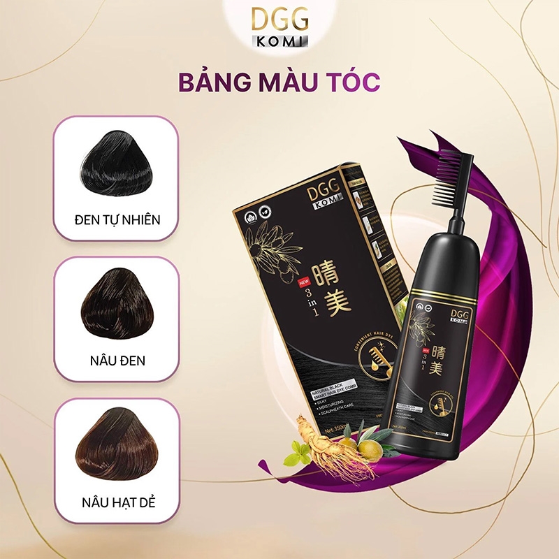 Dầu gội nhuộm tóc phủ bạc dạng chai lược DGG Komi 350ml (nâu đen) thương hiệu 