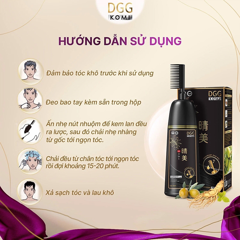 Dầu gội nhuộm tóc phủ bạc dạng chai lược DGG Komi 350ml (nâu đen) thương hiệu 