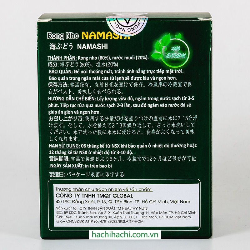 Rong nho tươi Namashi 100g (5 gói x 20g) 100% tự nhiên thương hiệu 