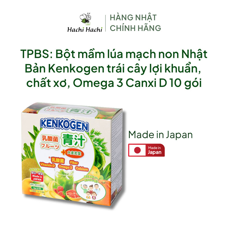 TPBS: Bột rau củ mầm lúa mạch grass barley Nhật Bản Kenkogen +16 loại trái cây chất xơ lợi khuẩn vitamin (Hộp 10 gói) thương hiệu KENKOGEN