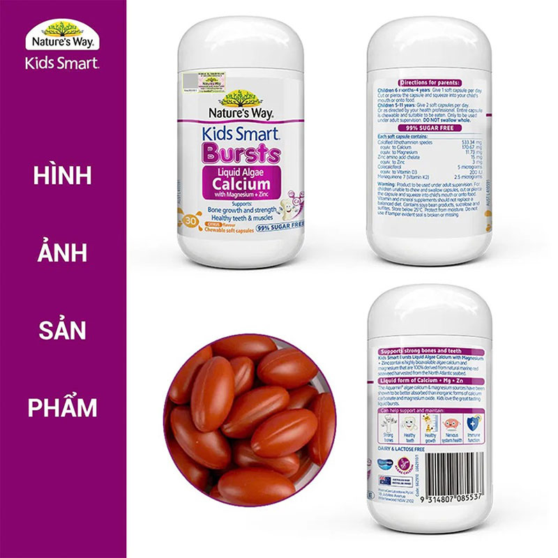 TPBVSK: Viên nhai bổ sung canxi, magie, kẽm Nature's Way kids smart bursts liquid algae calcium with magnesium + zinc 30 viên thương hiệu NATURE'S WAY