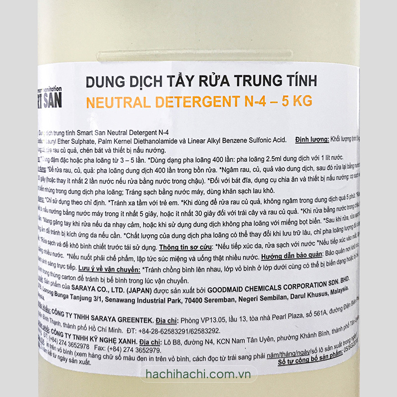 Dung dịch tẩy rửa trung tính Smartsan Neutral Detergent N-4 5kg thương hiệu SARAYA
