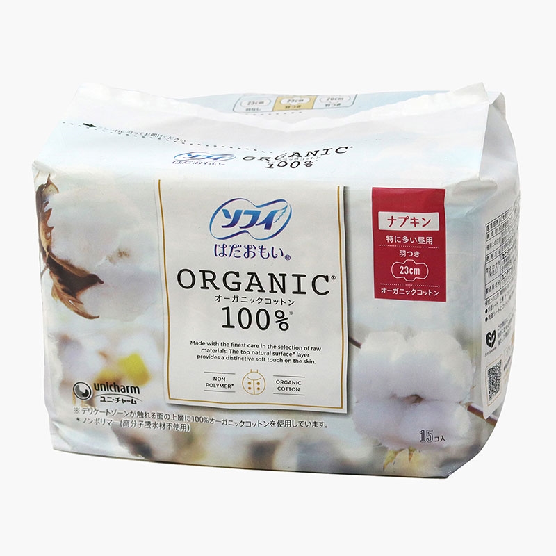 Băng vệ sinh Organic Cotton có cánh Sofy 23cm 15 miếng, 100% cotton hữu cơ thương hiệu UNICHARM