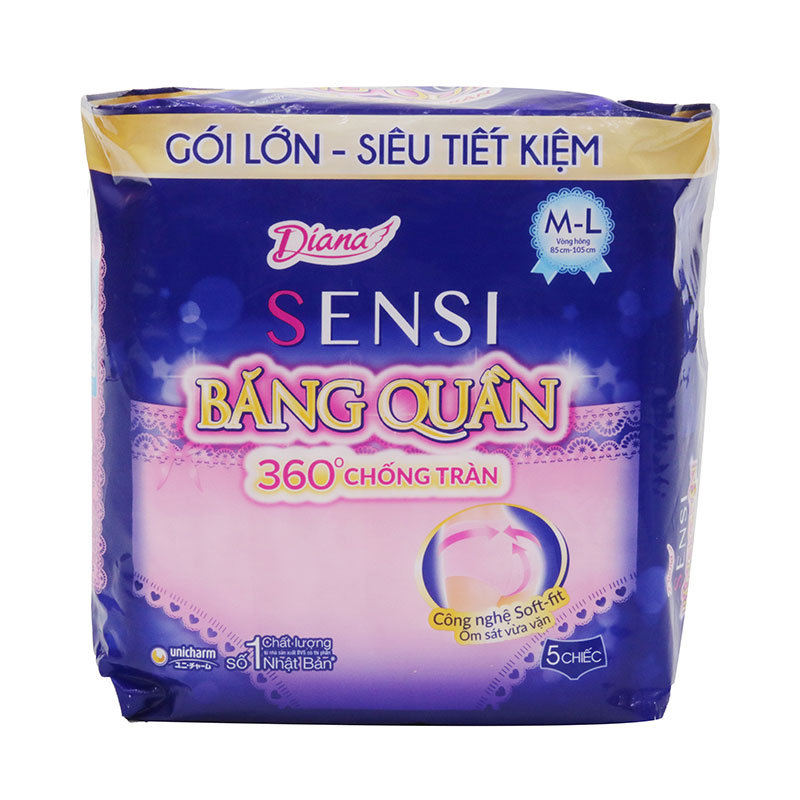 Băng vệ sinh dạng quần chống tràn ban đêm Diana Sensi M-L 5 cái (Vòng hông: 85-105cm) thương hiệu UNICHARM
