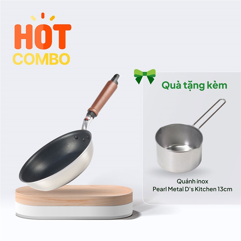 Combo siêu hời mua Chảo chống dính cao cấp Nhật Bản Hokuriku 20cm Plateado tặng Quánh inox Pearl Metal D's Kitchen 13cm thương hiệu 