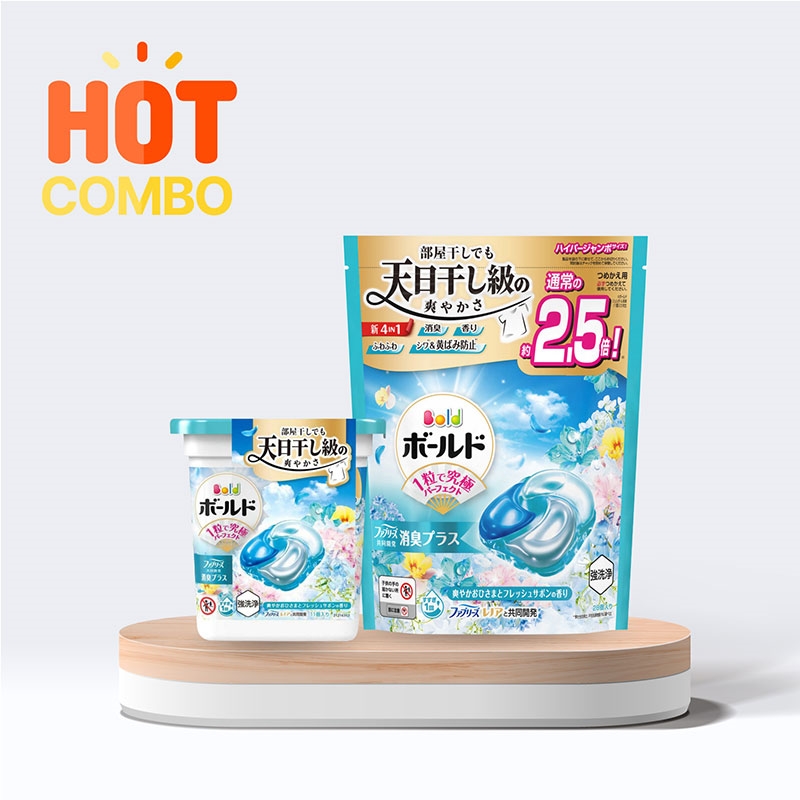 Combo siêu tiết kiệm Viên giặt xả khử mùi, chống nhăn, ố vàng 4 trong 1 Gel Ball Bold P&G hương nắng mai 28 viên và 11 viên thương hiệu 