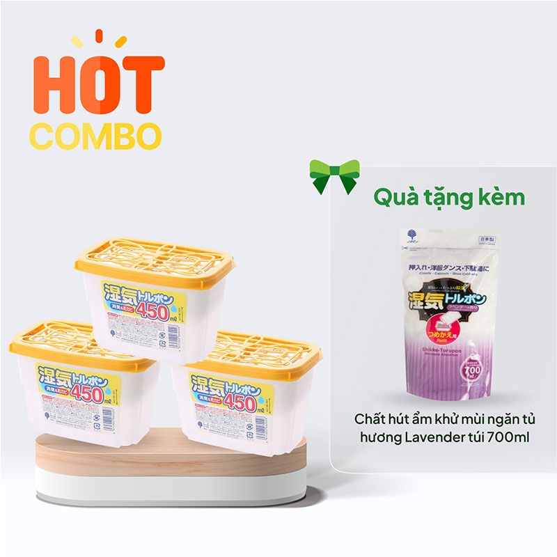 Combo siêu hời mua 3 Chất hút ẩm khử mùi chống mốc Kokubo 450ml tặng 1 Chất hút ẩm khử mùi ngăn tủ túi 700ml thương hiệu 