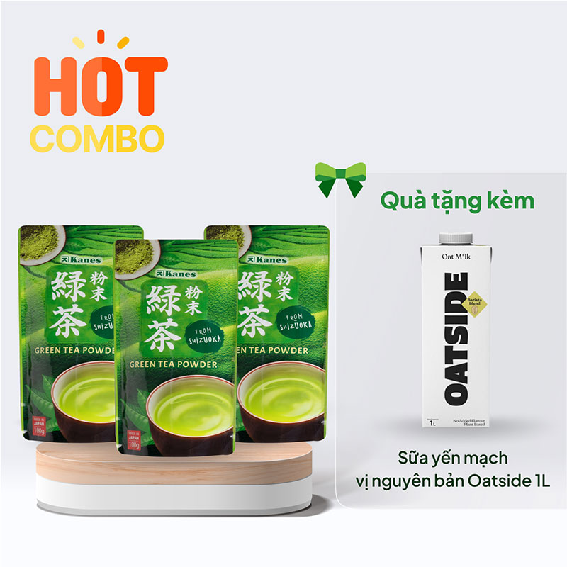 Combo siêu hời mua 3 gói Bột trà xanh Nhật Bản Green Tea Powder Kanes 100g tặng TPBS: Sữa yến mạch vị nguyên bản Oatside 1L