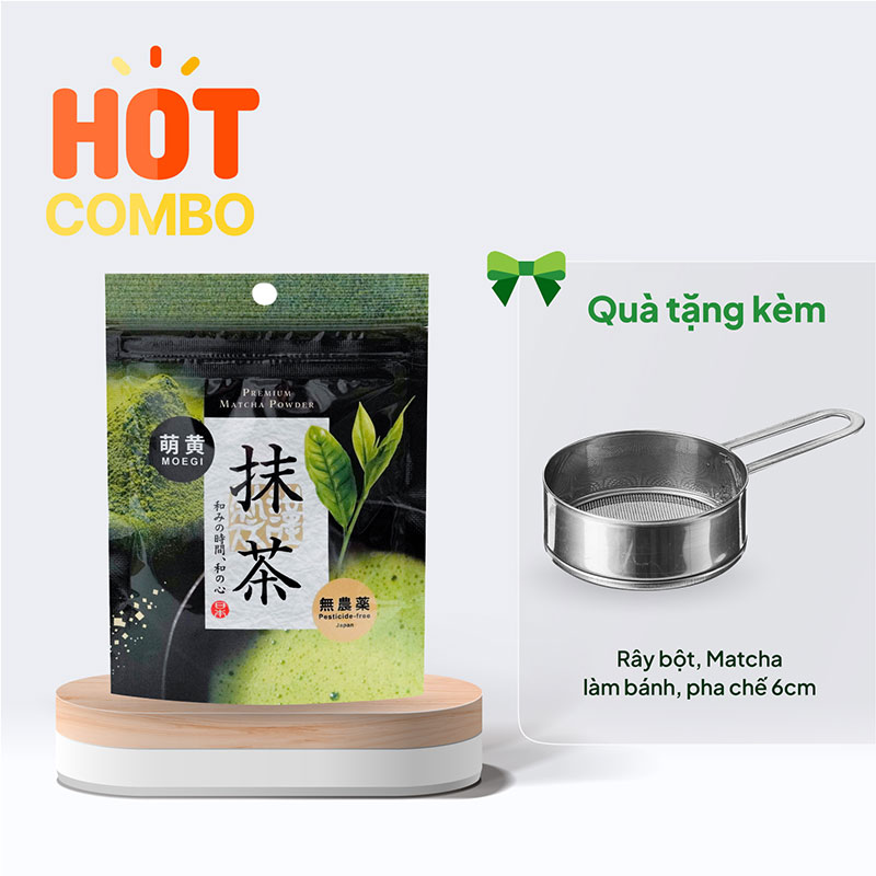 Combo siêu hời mua Bột trà xanh Matcha Premium Kanes 30g tặng Rây bột, Matcha làm bánh, pha chế 6cm thương hiệu 
