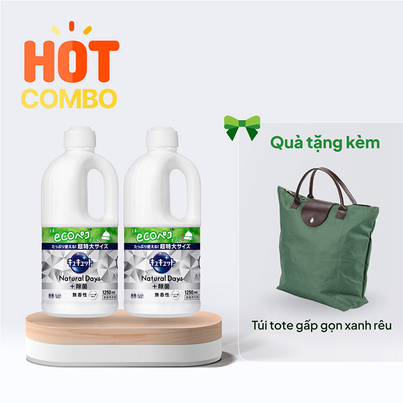 Combo siêu hời mua 2 Nước rửa chén Kyukyuto Kao kháng khuẩn, dịu nhẹ da tay không hương 1.25L tặng túi tote gấp gọn xanh rêu thương hiệu 