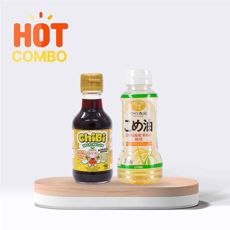 Combo siêu tiết kiệm Nước tương Chibi Nhật Bản cho bé 150ml và Dầu gạo Nhật Bản nguyên chất Tsuno 180g (196ml) thương hiệu 