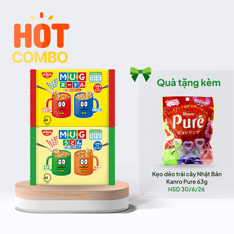 Combo siêu hời mua 2 gói Mì Mug Ramen và Udon Nissin 94g (4 gói) tặng Kẹo dẻo trái cây Nhật Bản Kanro Pure 63g (HSD: 30/6/26) thương hiệu 