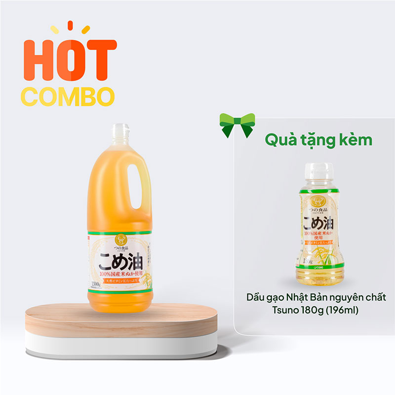 Combo siêu hời mua Dầu gạo Nhật Bản nguyên chất Tsuno 1500g (1636ml) tặng chai 180g cùng loại thương hiệu 