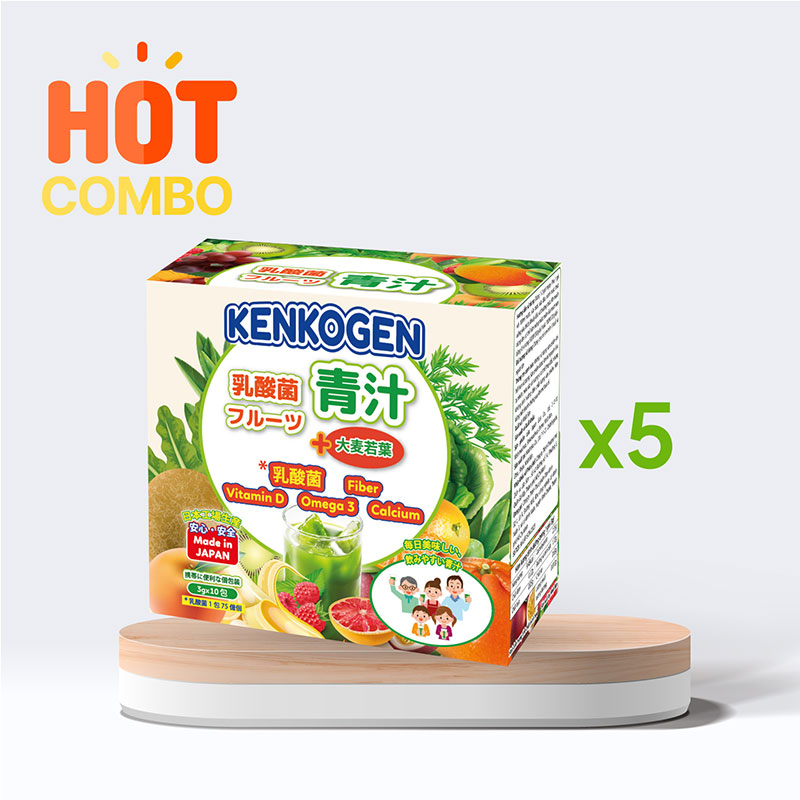 Combo siêu tiết kiệm 5 hộp TPBS: Bột mầm lúa mạch non Nhật Bản Kenkogen trái cây lợi khuẩn, chất xơ, Omega 3 Canxi D 10 gói thương hiệu 