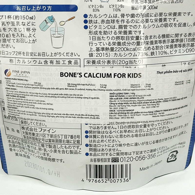 Combo siêu tiết kiệm 2 gói TPBVSK: Bột Bone's Calcium For Kids 140g bổ sung Canxi, D3, phát triển chiều cao chống còi xương thương hiệu 