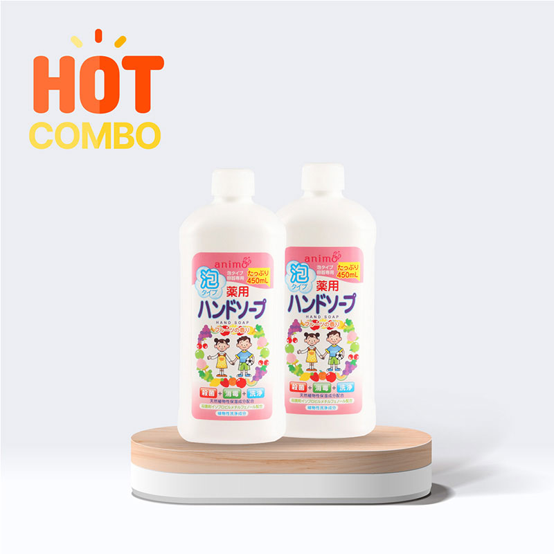 Combo siêu tiết kiệm 2 chai Bọt rửa tay kháng khuẩn Animo 450ml Hương trái cây thương hiệu 