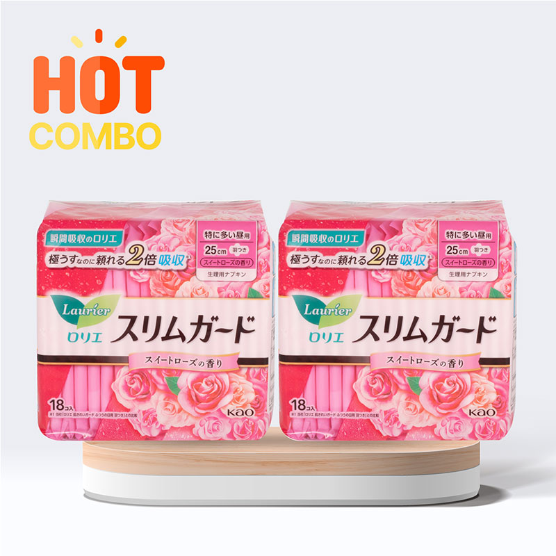 Combo siêu tiết kiệm 2 gói Băng vệ sinh siêu mỏng có cánh Laurier Slimguard  25cm 18 miếng Hương hoa hồng thương hiệu 