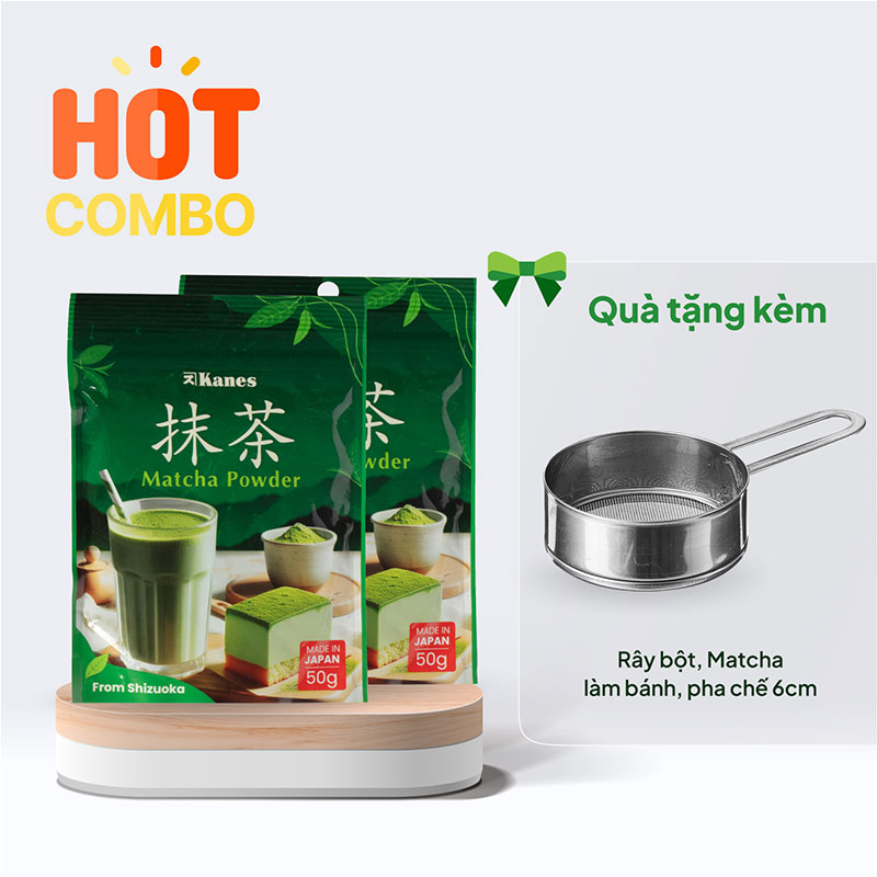 Combo siêu hời mua 2 Bột trà xanh Matcha Nhật Bản Kanes 50g tặng Rây bột, bột matcha để làm bánh, pha chế 6cm thương hiệu 